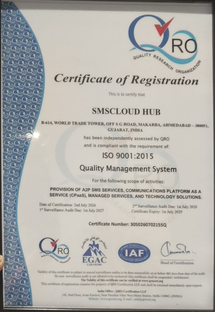 SMSCloudHub ISO 9001:2015 Quality Management System Certificate
